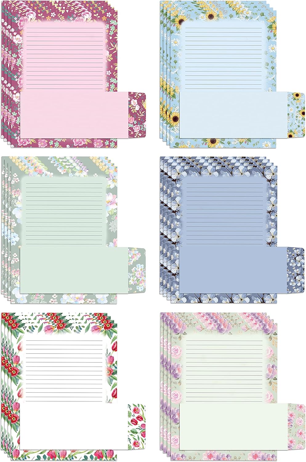 Better Office Products Floral Paper Stationery Set, 100 Piece Set (50 Lined Sheets + 50 Matching Envelopes), Letter Size 8.5 x 11 inch, 6 Designs, Double Sided/Lined Printing Paper