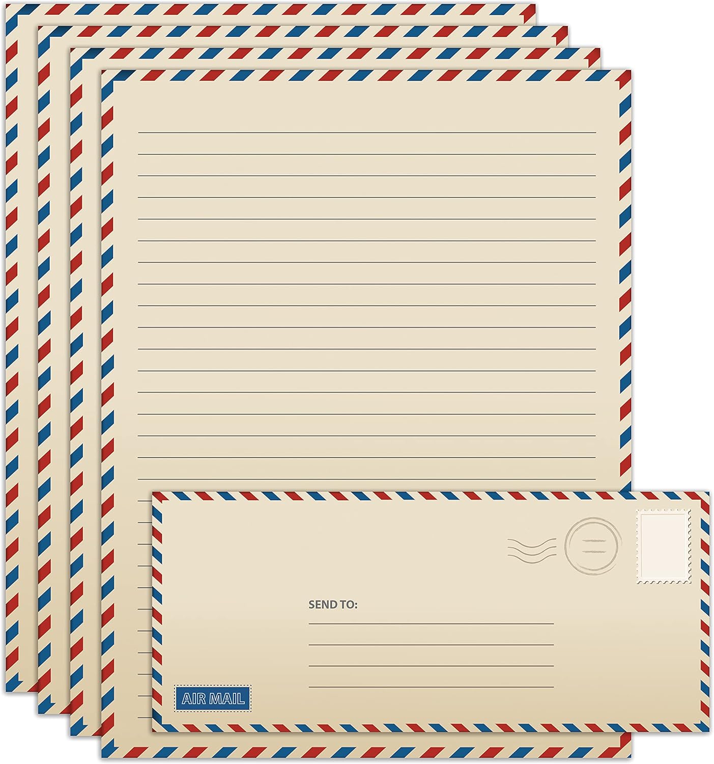 Better Office Products Vintage Airmail Stationery Paper Set, 100-Piece Set (50 Lined Sheets + 50 Matching Envelopes), Letter Size 8.5 x 11 inch, Double Sided & Lined Paper
